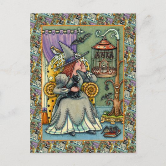 愛らしい魔女、ネコと彼女のペット、こうもりケージ、ハロウィン シーズンポストカード (正面)