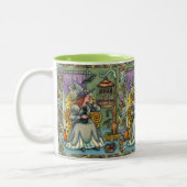 愛らしい魔女、ネコと彼女のペット、こうもりケージ、ハロウィン ツートーンマグカップ (左)