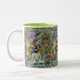 愛らしい魔女、ネコと彼女のペット、こうもりケージ、ハロウィン ツートーンマグカップ