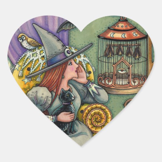 愛らしい魔女、ネコと彼女のペット、こうもりケージ、ハロウィン ハートシール (正面)