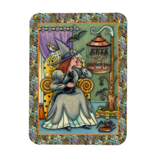 愛らしい魔女、ネコと彼女のペット、こうもりケージ、ハロウィン マグネット (縦)