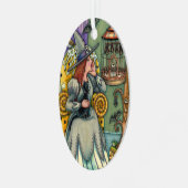 愛らしい魔女、ネコと彼女のペット、こうもりケージ、ハロウィン メタルオーナメント (正面左)