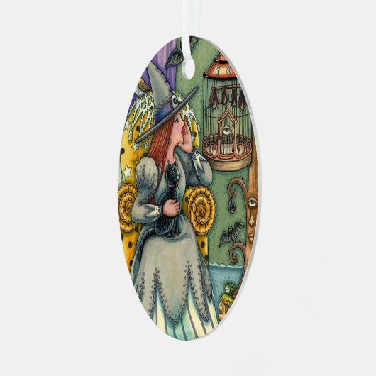 愛らしい魔女、ネコと彼女のペット、こうもりケージ、ハロウィン メタルオーナメント (正面左)