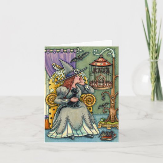 愛らしい魔女、猫、ペット、こうもりケージ、ハロウィン空白の ノートカード (正面)