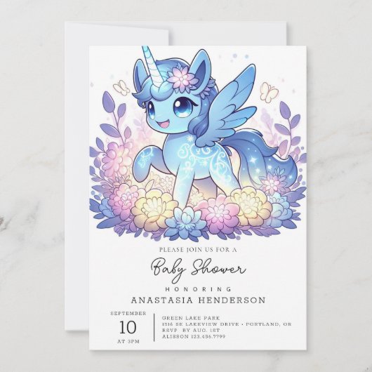 愛らしい魔法のユニコーン赤ちゃんシャワー 招待状 (正面)