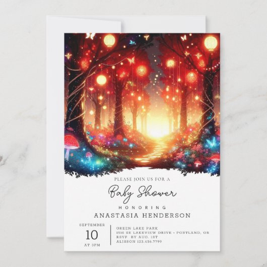 愛らしい魔法の魔法の森の赤ちゃんシャワー 招待状 (正面)