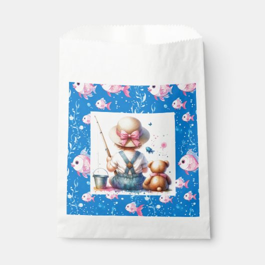 愛らしい魚釣りをテーマにした少女の赤ちゃんシャワー フェイバーバッグ (正面)