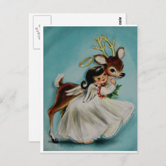 愛らしい鹿を抱く甘いエンジェルガール。 ポストカード (正面/裏面)