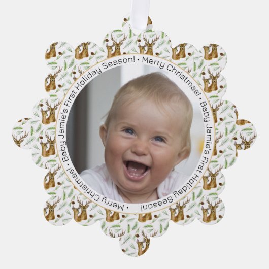 愛らしい鹿パターンベビー初めてのクリスマス オーナメントカード (正面)