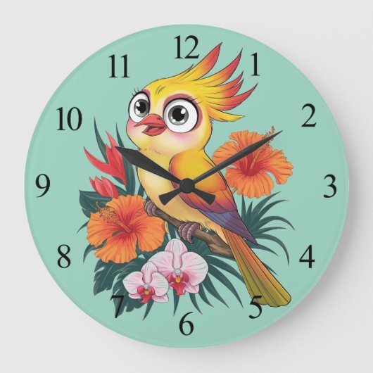 愛らしい黄色い鳥と花 ラージ壁時計 (正面)