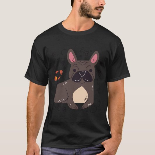 愛らしい黒いパグ しわくちゃ顔の漫画イラスト Tシャツ (正面)