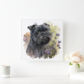 愛らしい黒い花の付いたアフェンピンシェ犬 スクエア壁時計 (ホーム)