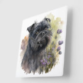 愛らしい黒い花の付いたアフェンピンシェ犬 スクエア壁時計 (傾斜)