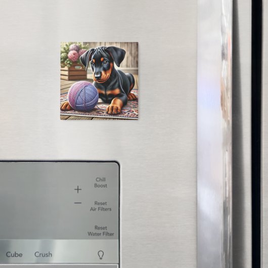 愛らしい黒とタンの子犬とヤーンボール マグネット (インサイチュ (冷蔵庫))