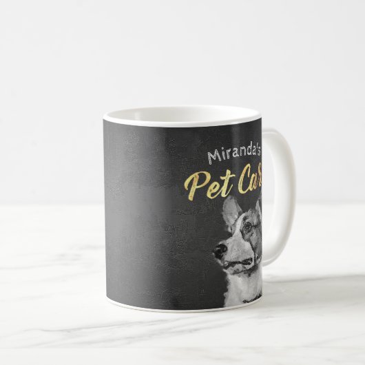 愛らしい黒と白の犬の油彩画マグカップ コーヒーマグカップ (正面右)