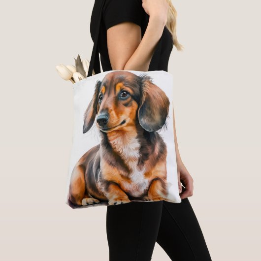 愛らしい黒と茶色のダッチシュント子犬 トートバッグ (クローズアップ)
