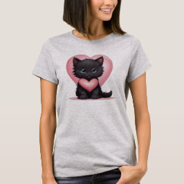 愛らしい黒のバレンタインの子猫 Tシャツ