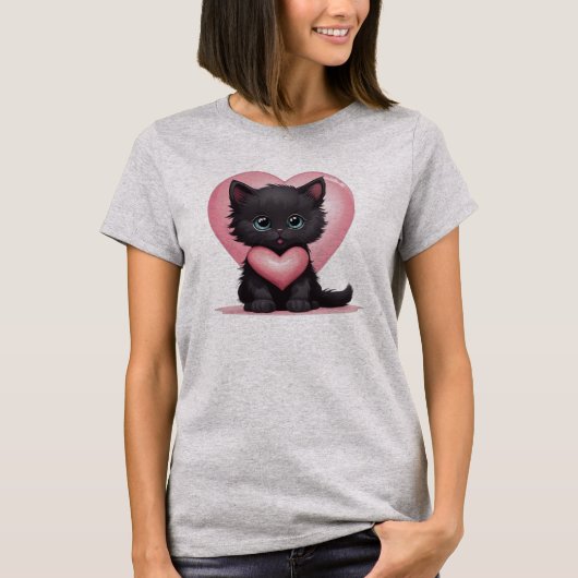 愛らしい黒のバレンタインの子猫 Tシャツ (正面)
