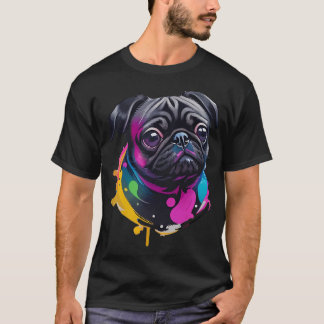 愛らしい黒パグの水彩画 - 遊び心のあるドリップ Tシャツ