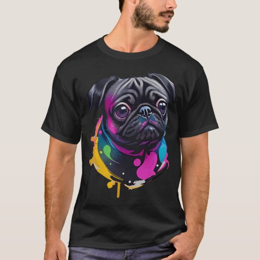 愛らしい黒パグの水彩画 - 遊び心のあるドリップ Tシャツ (正面)