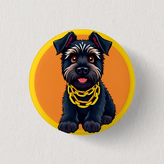 愛らしい黒犬のキャラクターがゴールドのチェーンを着用 缶バッジ (正面)