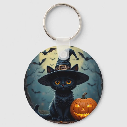愛らしい黒猫が魔女帽をかぶった キーホルダー (正面)