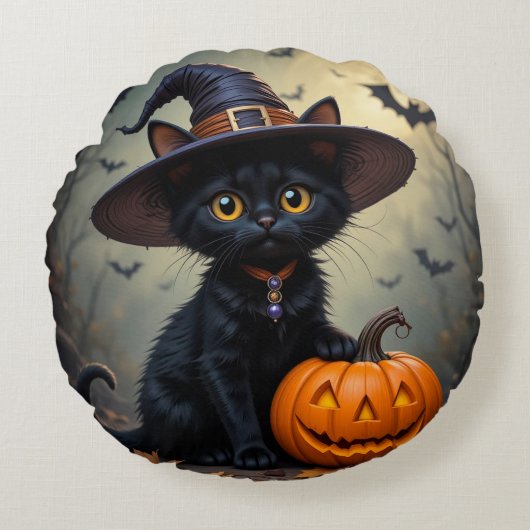 愛らしい黒猫が魔女帽をかぶった ラウンドクッション (正面)