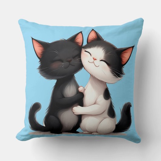 愛らしい黒猫と白猫のハグ 愛に満ちて クッション (正面)
