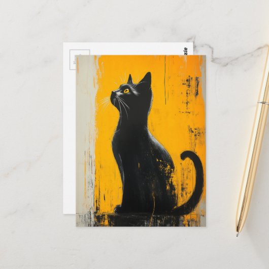 愛らしい黒猫のグランジー黄色背景 ポストカード (正面/裏面インサイチュ)