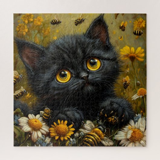 愛らしい黒猫の子猫とお花 ジグソーパズル (縦)