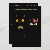 愛らしい黒猫の黄色結婚い目 招待状 (正面/裏面)
