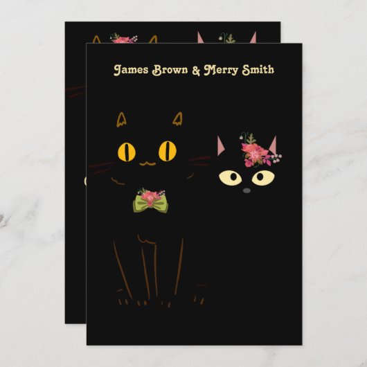 愛らしい黒猫の黄色結婚い目 招待状 (正面/裏面)