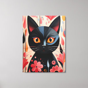 愛らしい黒猫ピンクの花を咲かせる キャンバスプリント