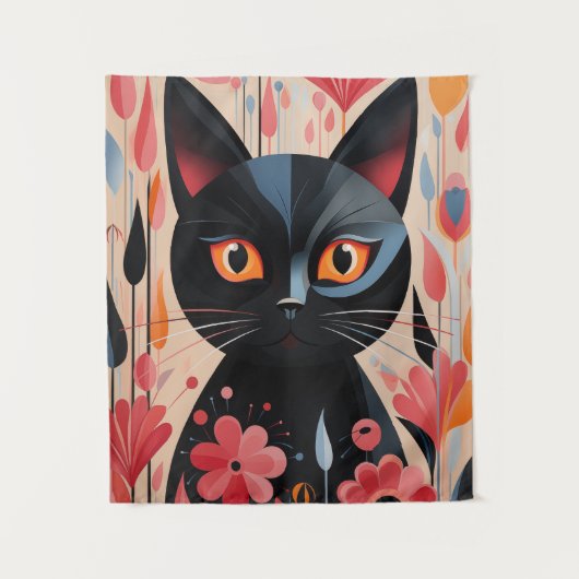 愛らしい黒猫ピンクの花を咲かせる タペストリー (正面)