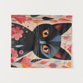 愛らしい黒猫ピンクの花を咲かせる タペストリー (正面(横))