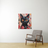 愛らしい黒猫ピンクの花を咲かせる タペストリー (インサイチュ)