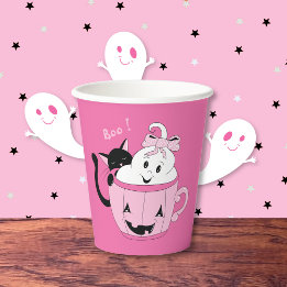 愛らしい黒猫幽霊ピンクハロウィーン紙カップ 紙コップ