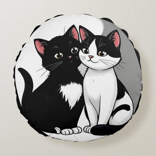 愛らしい2匹の猫が一緒に座って ラウンドクッション (正面)
