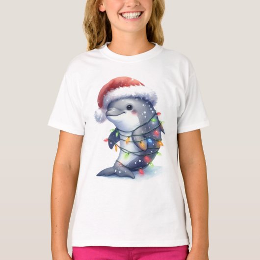 愛らしい かわいい クリスマスのイルカ Tシャツ (正面)