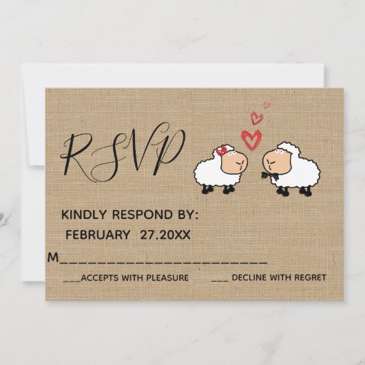 愛らしい かわいい 面白い カートゥーンの羊が恋愛中 RSPV 招待状 (正面)