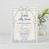 愛らしい スワン 青 ギンガム リボン 花柄の少女 招待状 (スタンド正面)