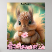 愛らしい ファンシーな 赤ちゃんリスとピンクの花 ポスター (正面)