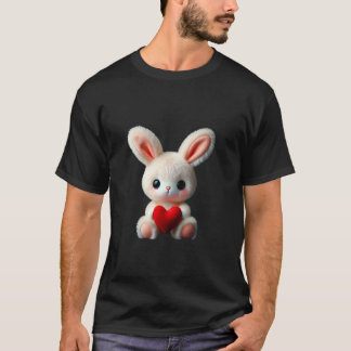 愛らしい フワフワ もこもこ うさぎ 赤 ハート イースター シェイプ Tシャツ