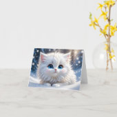 愛らしい フワフワ 白猫 青い目 空白 グリーティング カード (黄色い花)