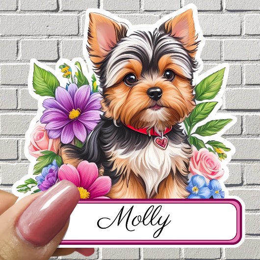 愛らしい、ヨークシャーとカラフルの花カスタムの シール