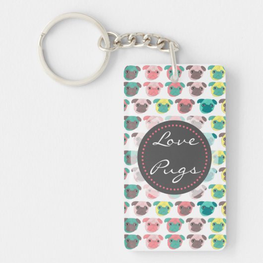 愛らしい「ラブパグ」カラフルパグイラストレーション キーホルダー (正面)