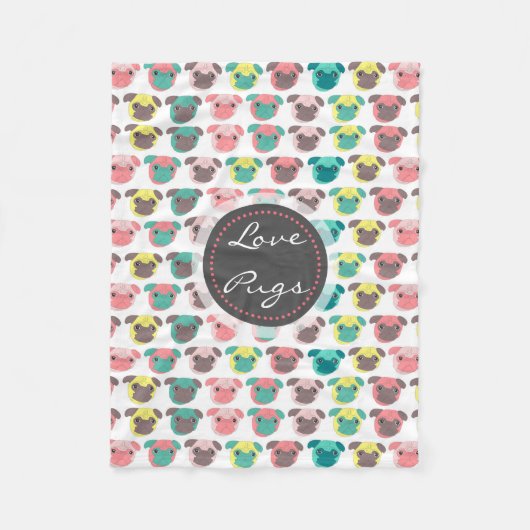 愛らしい「ラブプグ」カラフルパグイラストレーション フリースブランケット (正面)