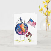 愛らしい 遊び心のある 愛国的な鳥と旗 カード (黄色い花)