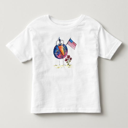 愛らしい 遊び心のある 愛国的な鳥と旗 トドラーTシャツ (正面)