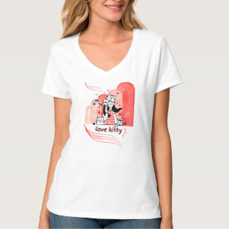 愛らしい"Love Kitty"落書きグラフィック Tシャツ